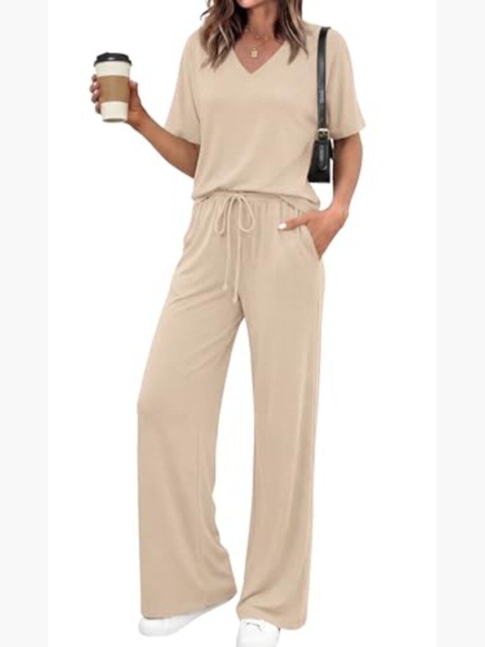 Womens 2 Piece Lounge Set Short Sleeve V Neck Wide Leg Pants Travel Outfit